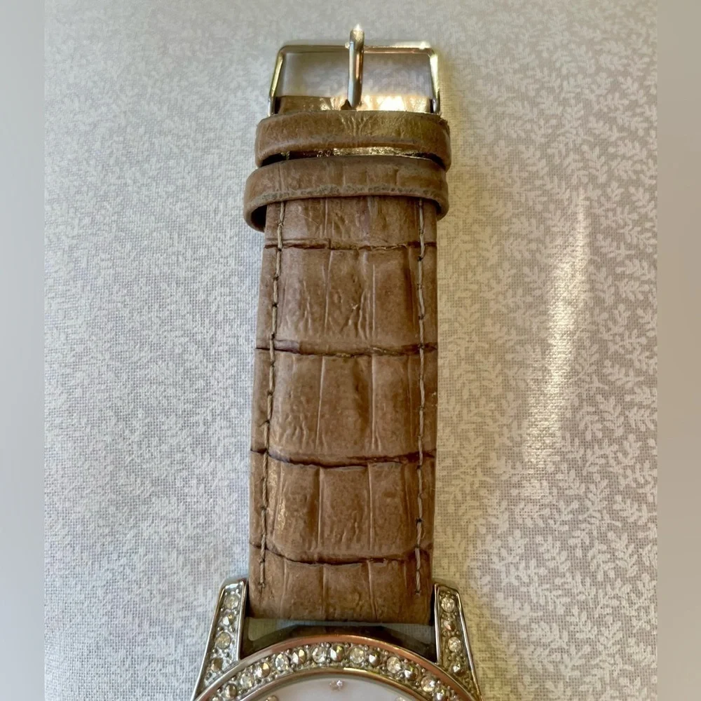 Chico's Running Tan Leather Strap Watch with Rhinestones Silver White Gold 9